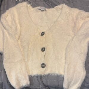 Cozy White Cream Button-Up Sweater Cropped Fuzzy